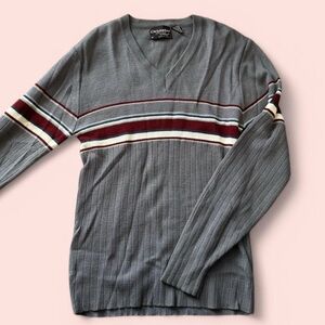 Christopher by Forum grey burgundy white and navy blue striped v-neck sweater